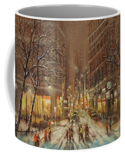  Falling Snow; City At Night; City Lights; Holiday Shoppers; Tom Shropshire Painting; Night Lights; Cityscape; Urban Landscape Coffee Mug featuring the painting City Snow by Tom Shropshire