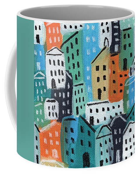 City Coffee Mug featuring the painting City Stories- Blue and Orange by Linda Woods