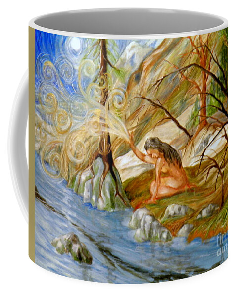 Female Woman Landscape River Trees Forest Rocks Sky Moon Light Shadow Surrealistic Branches Roots Blue White Orange Green Yellow Brown Black Grey Swirls Symbolic Coffee Mug featuring the painting Clay Woman by Ida Eriksen