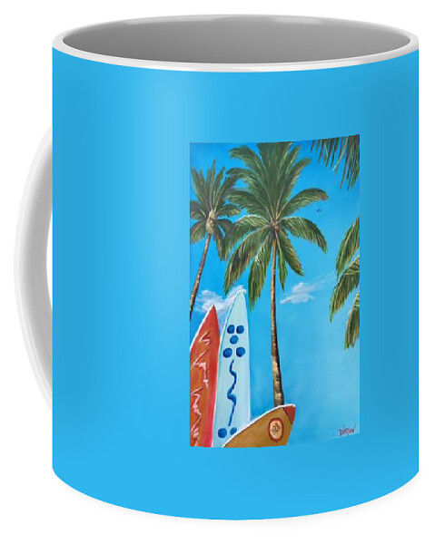 Surf Boards Coffee Mug featuring the painting Clear Sky Let's Surf by Lloyd Dobson