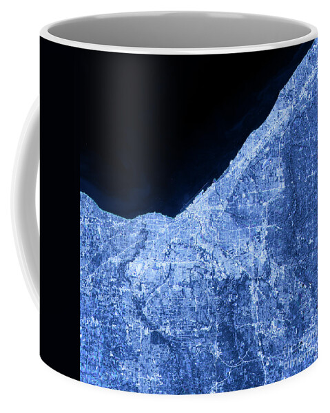 Cleveland Coffee Mug featuring the digital art Cleveland Abstract City Map Satellite Image Blue by Frank Ramspott