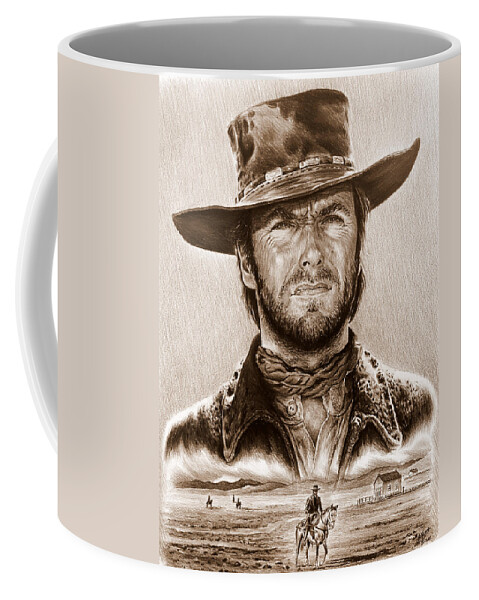 Clint Eastwood Coffee Mug featuring the drawing Clint Eastwood The Stranger by Andrew Read