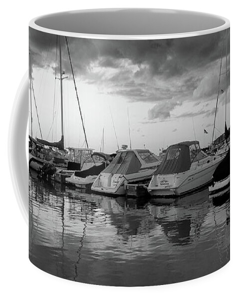 Cloudy Coffee Mug featuring the photograph Cloudy Marina Perspective B W by David T Wilkinson