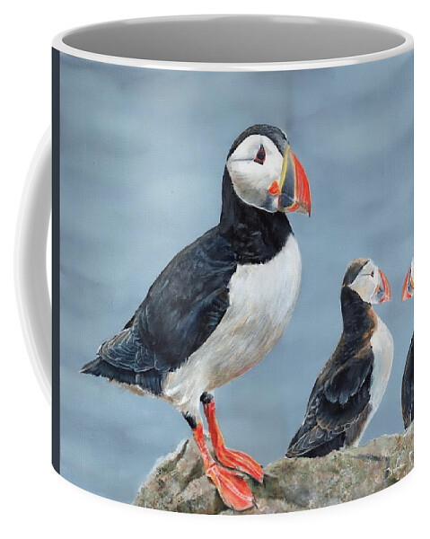 Puffin Coffee Mug featuring the painting Clowns of the Sea. by John Neeve