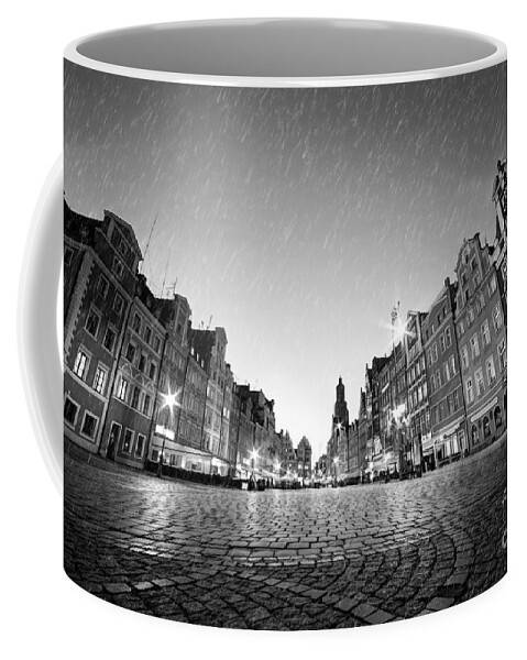 Old Coffee Mug featuring the photograph Cobblestone historic old town in rain at night Wroclaw by Michal Bednarek