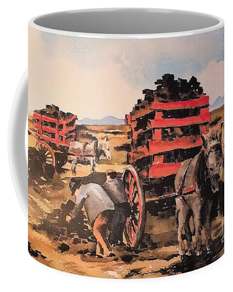 Val Byrne Coffee Mug featuring the painting Collecting Turf by Val Byrne