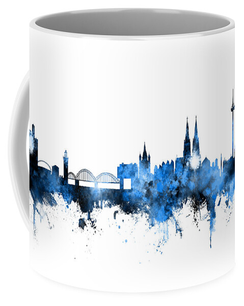 Cologne Coffee Mug featuring the digital art Cologne Germany Skyline Blue Signed by Michael Tompsett