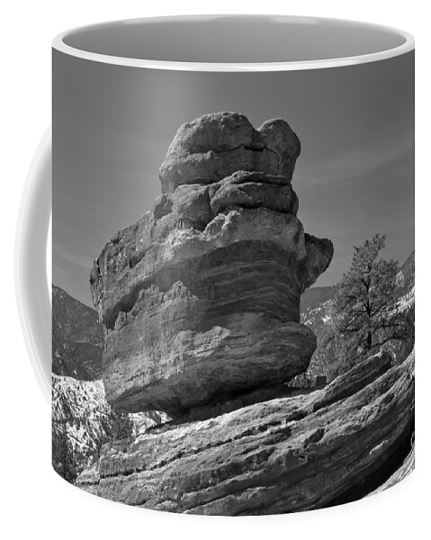 Balanced Rock Coffee Mug featuring the photograph Colorado Springs Balanced Rock Black And White by Adam Jewell