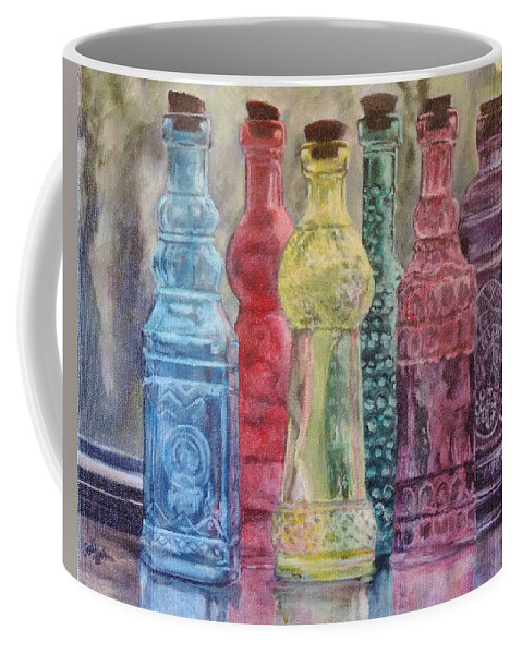 Bottles Coffee Mug featuring the painting Colored Glass Bottles by Jodi Higgins