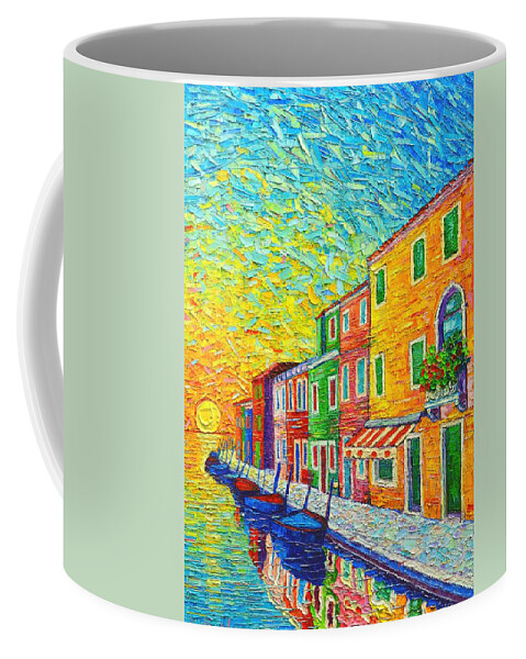 Venice Coffee Mug featuring the painting Colorful Burano Sunrise - Venice - Italy - Palette Knife Oil Painting By Ana Maria Edulescu by Ana Maria Edulescu
