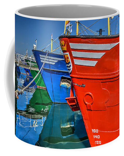Yerseke Coffee Mug featuring the photograph Colorful Fishing Boats in Yerseke Harbour by Frans Blok