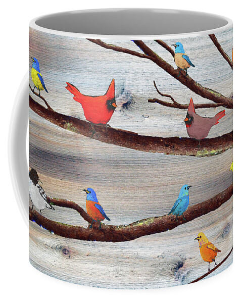 Birds Coffee Mug featuring the mixed media Colorful Rustic Songbirds by Ken Figurski