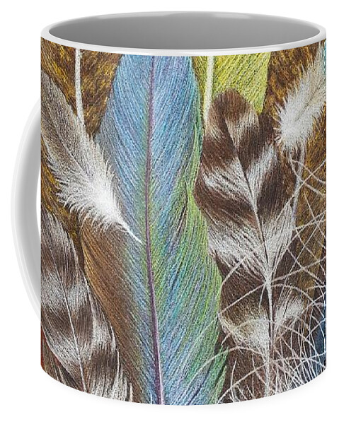 Feathers Coffee Mug featuring the drawing Colors of Flight SOLD prints available by Lisa Bliss Rush