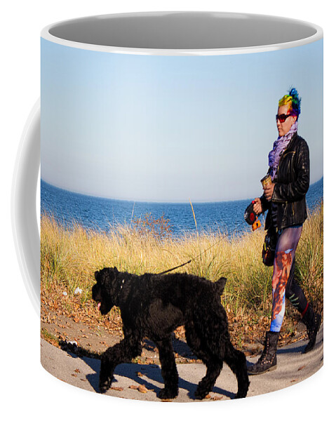 Woman Walking Dog Coffee Mug featuring the photograph Colourful Autumn Beach Walk by Barbara McMahon