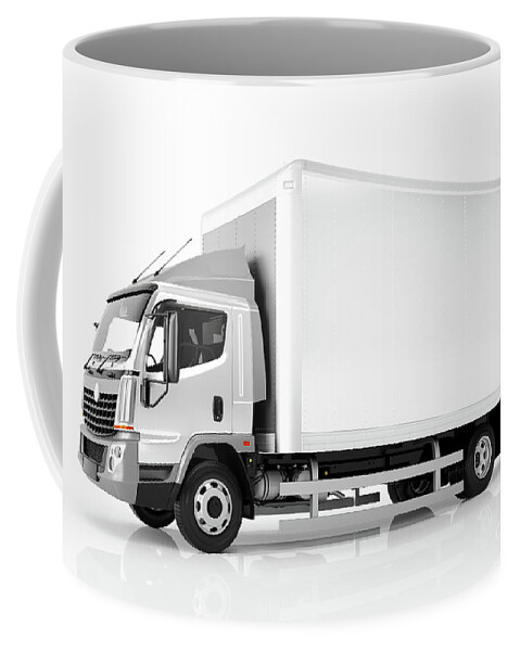 Truck Coffee Mug featuring the photograph Commercial cargo delivery truck with blank white trailer. Generic, brandless design. by Michal Bednarek