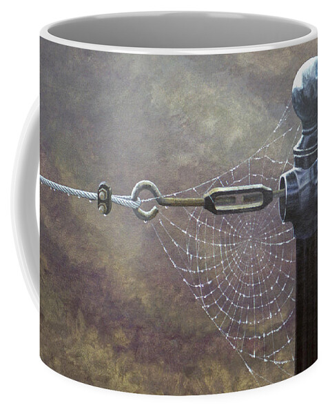 Spider Web Dew Coffee Mug featuring the painting Comparative Engineering by Laurie Stewart