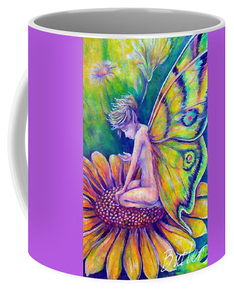 Flower Fairy Yellow Green Blue Dream Spring Summer Coffee Mug featuring the mixed media Contemplating A New Dream by Gail Butler