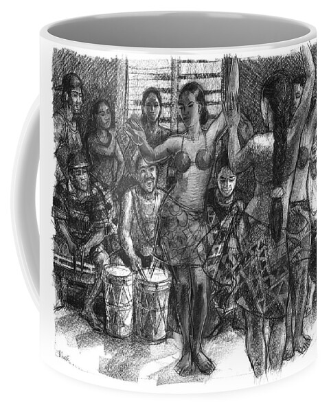 Dance Team Coffee Mug featuring the drawing Cook Islands Dance Team at Practice by Judith Kunzle