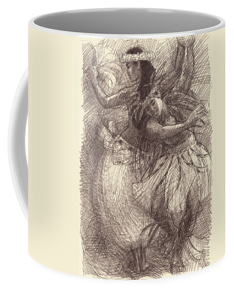 South Pacific Dancer Coffee Mug featuring the drawing Cook Islands Drum Dancers by Judith Kunzle