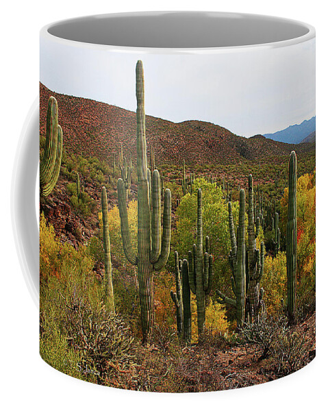 Coon Creek With Saguaros Coffee Mug featuring the digital art Coon Creek With Saguaros And Cottonwood, Ash, Sycamore Trees With Fall Colors by Tom Janca