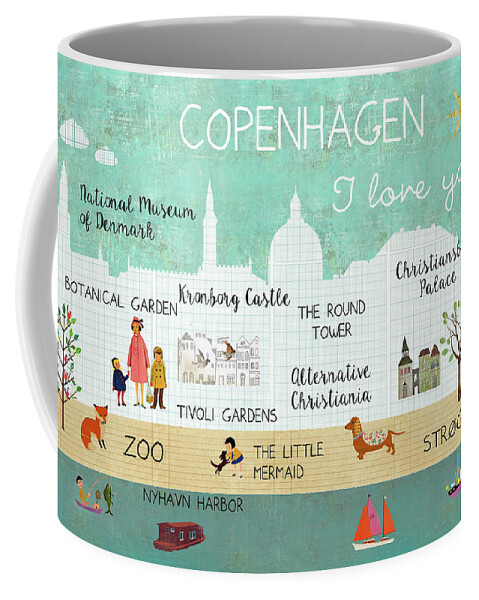 Copenhagen I Love You Coffee Mug featuring the mixed media Copenhagen I love you by Claudia Schoen