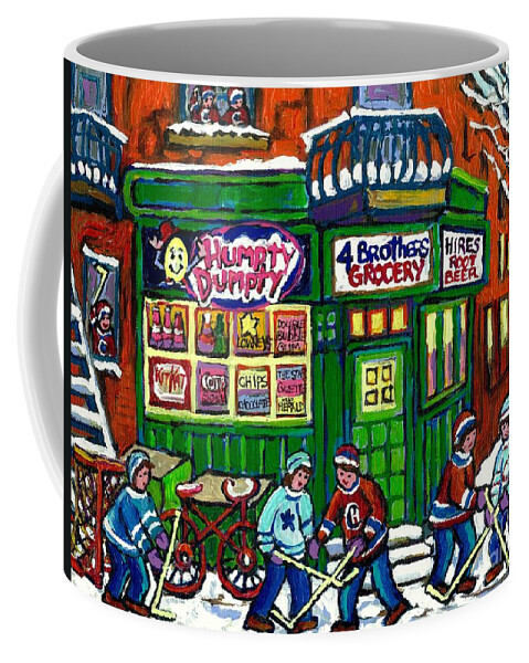 Montreal Coffee Mug featuring the painting Corner Store Paintings Vintage Grocery Humpty Dumpty 4 Brothers Hires Root Beer Truck Canadian Art by Carole Spandau