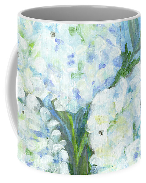 White Hydrangeas Coffee Mug featuring the painting Cottage at the Shore 5 White Hydrangea Floral over Wood by Audrey Jeanne Roberts