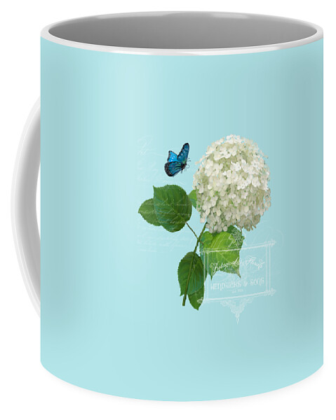 White Hydrangea Coffee Mug featuring the painting Cottage Garden White Hydrangea with Blue Butterfly by Audrey Jeanne Roberts