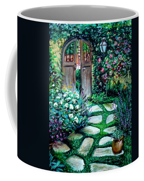 Landscape Coffee Mug featuring the pastel Cottage Gates by Elizabeth Robinette Tyndall