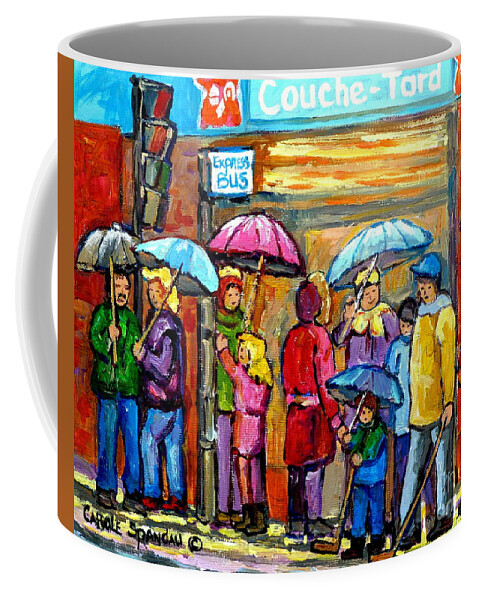 Montreal Coffee Mug featuring the painting Couche Tard Verdun Depanneur Rainy Day Cityscene Montreal Quebec Streetscene Painting C Spandau Art by Carole Spandau