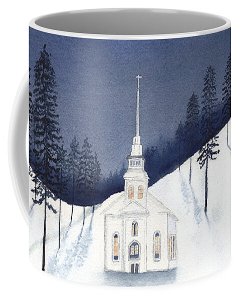 Church Coffee Mug featuring the painting Country Church in Moonlight 2, Silent Night by Conni Schaftenaar