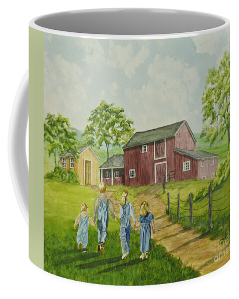 Country Kids Art Coffee Mug featuring the painting Country Kids by Charlotte Blanchard