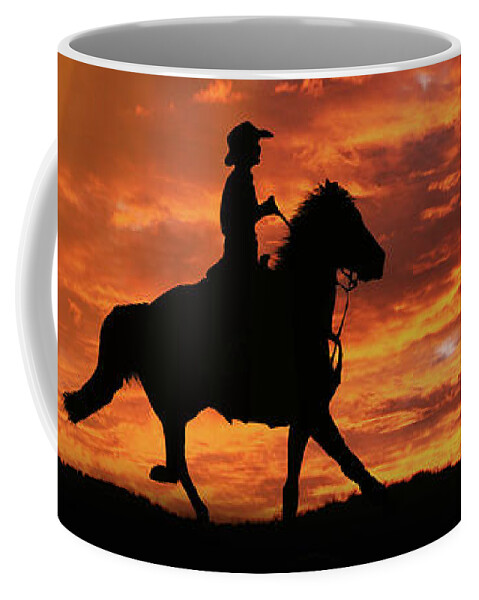 Cowboy Coffee Mug featuring the photograph Country Western Riding Cowboy and Sunset by Stephanie Laird