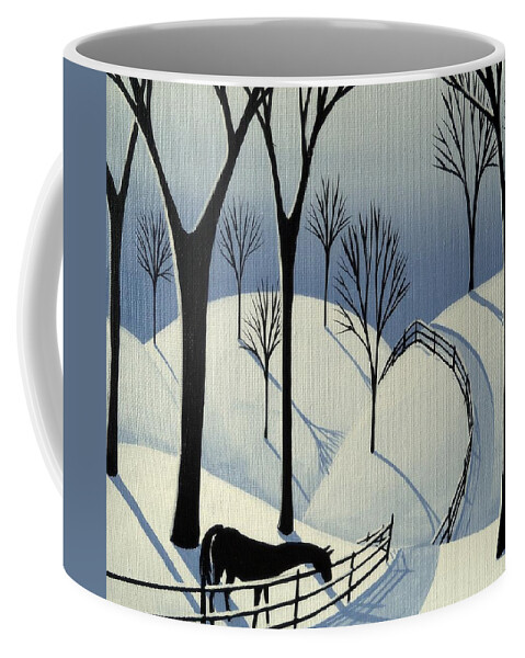 Folk Art Coffee Mug featuring the painting Country Winter Road - horse snow folk art by Debbie Criswell