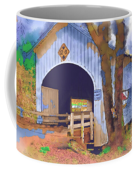 Covered-bridge Coffee Mug featuring the digital art Covered Bridge In Watercolor by Kirt Tisdale