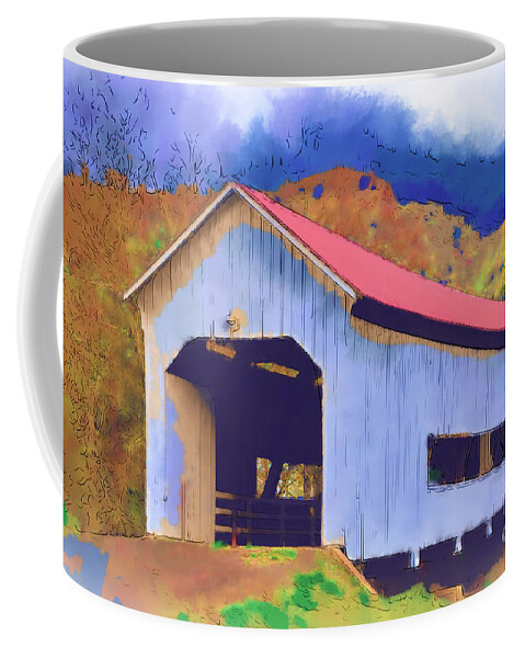 Covered Bridge Coffee Mug featuring the digital art Covered Bridge With Red Roof by Kirt Tisdale