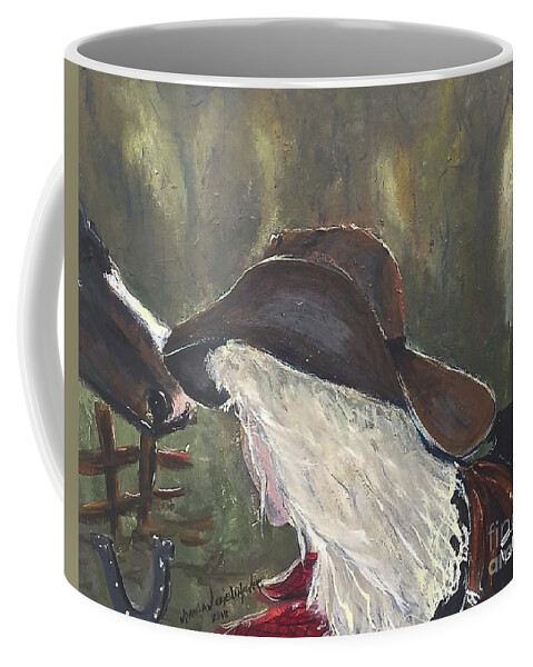 Cowgirl Horse Riding Hat Horseshoe Blondie Hair Girl Woman Fence Forest Tree Horse Lover Brown Red Saddle Acrylic On Canvas Print Painting Coffee Mug featuring the painting Cowgirl by Miroslaw Chelchowski