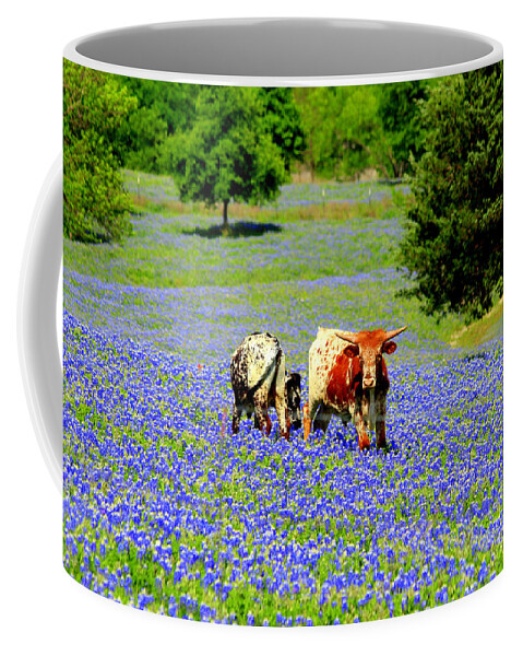 Cows Coffee Mug featuring the photograph Cows in Texas Bluebonnets by Kathy White