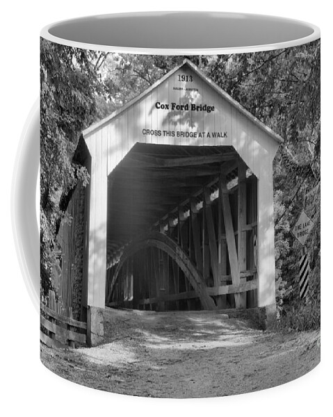 Cox Ford Covered Bridge Coffee Mug featuring the photograph Cox Ford Covered Bridge Black And White by Adam Jewell