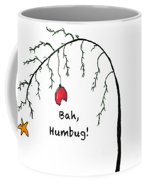 Humorous Drawing In Ink And Watercolor Of A Crabby Christmas Tree Coffee Mug featuring the painting Crabby Bah Humbug Christmas Tree - Bah Humbug by Conni Schaftenaar
