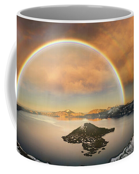 Crater Coffee Mug featuring the photograph Crater lake with double rainbow and lightning bolt by William Lee