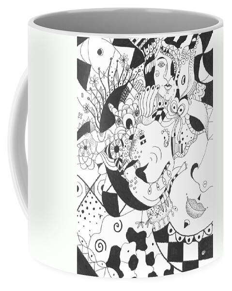 Playful Coffee Mug featuring the drawing Creatures and Features by Helena Tiainen