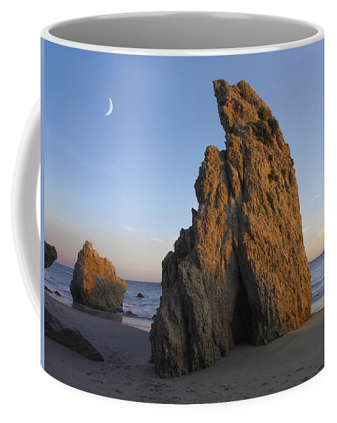 00175220 Coffee Mug featuring the photograph Crescent Moon Over El Matador Beach by Tim Fitzharris