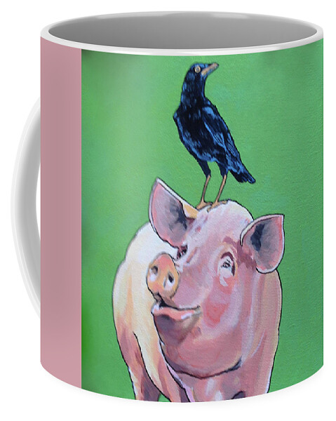 Animals - Pig And Crow Coffee Mug featuring the painting Cromwell the Crow by Sharon Cromwell