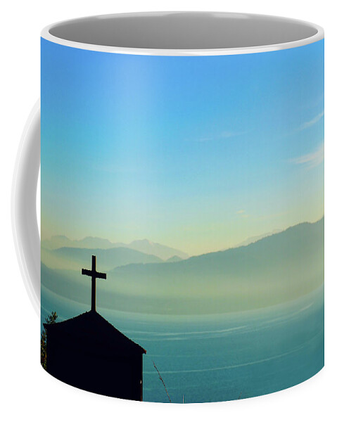 Landscape Coffee Mug featuring the photograph Cross and foggy moutains in Greece by Susan Vineyard