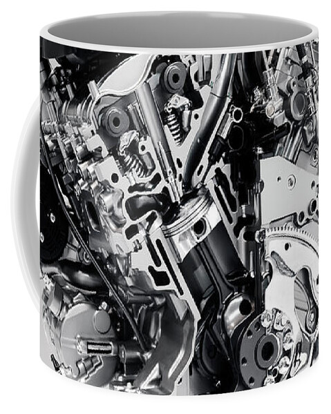 Engine Coffee Mug featuring the photograph Cross section of Buick Lacrosse 3.6L V6 VVT car engine by Maxim Images Exquisite Prints