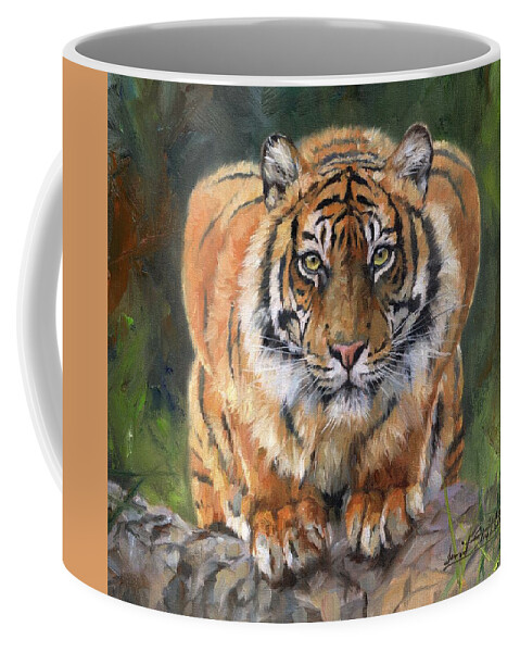 Tiger Coffee Mug featuring the painting Crouching Tiger by David Stribbling