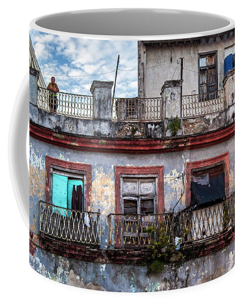 Cuban Woman At Calle Bernaza Havana Cuba Photography By Charles Harden Dilapidated Apartment Building Rusty Balconies Coffee Mug featuring the photograph Cuban Woman at Calle Bernaza Havana Cuba by Charles Harden