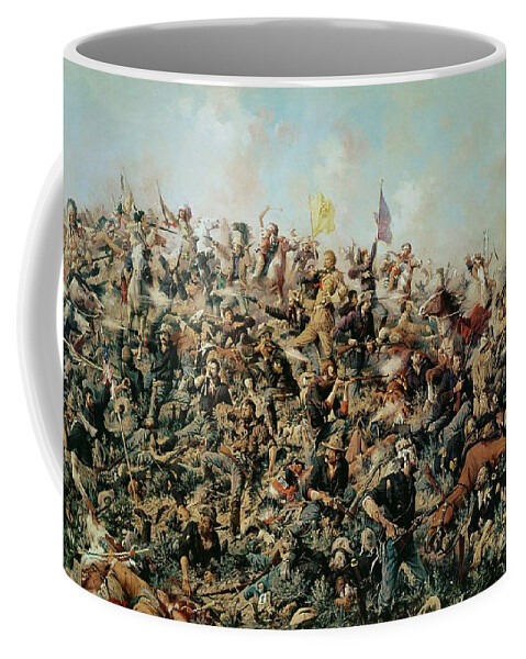 Battle Of Little Bighorn; Battlefield; Soldiers; Troops; Native American Indians; Tribe; Flags; Banners; War; Warfare; American Indian Wars; Big Horn; Paxon; Demise; Defeat Coffee Mug featuring the painting Custer's Last Stand by Edgar Samuel Paxson