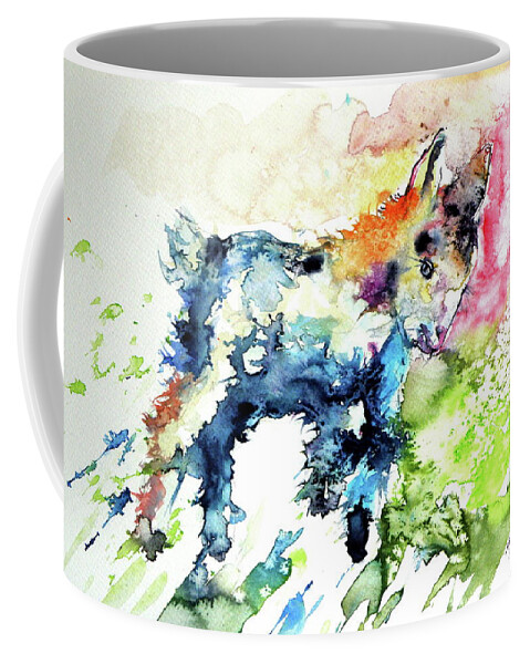 Cute Coffee Mug featuring the painting Cute baby goat playing by Kovacs Anna Brigitta